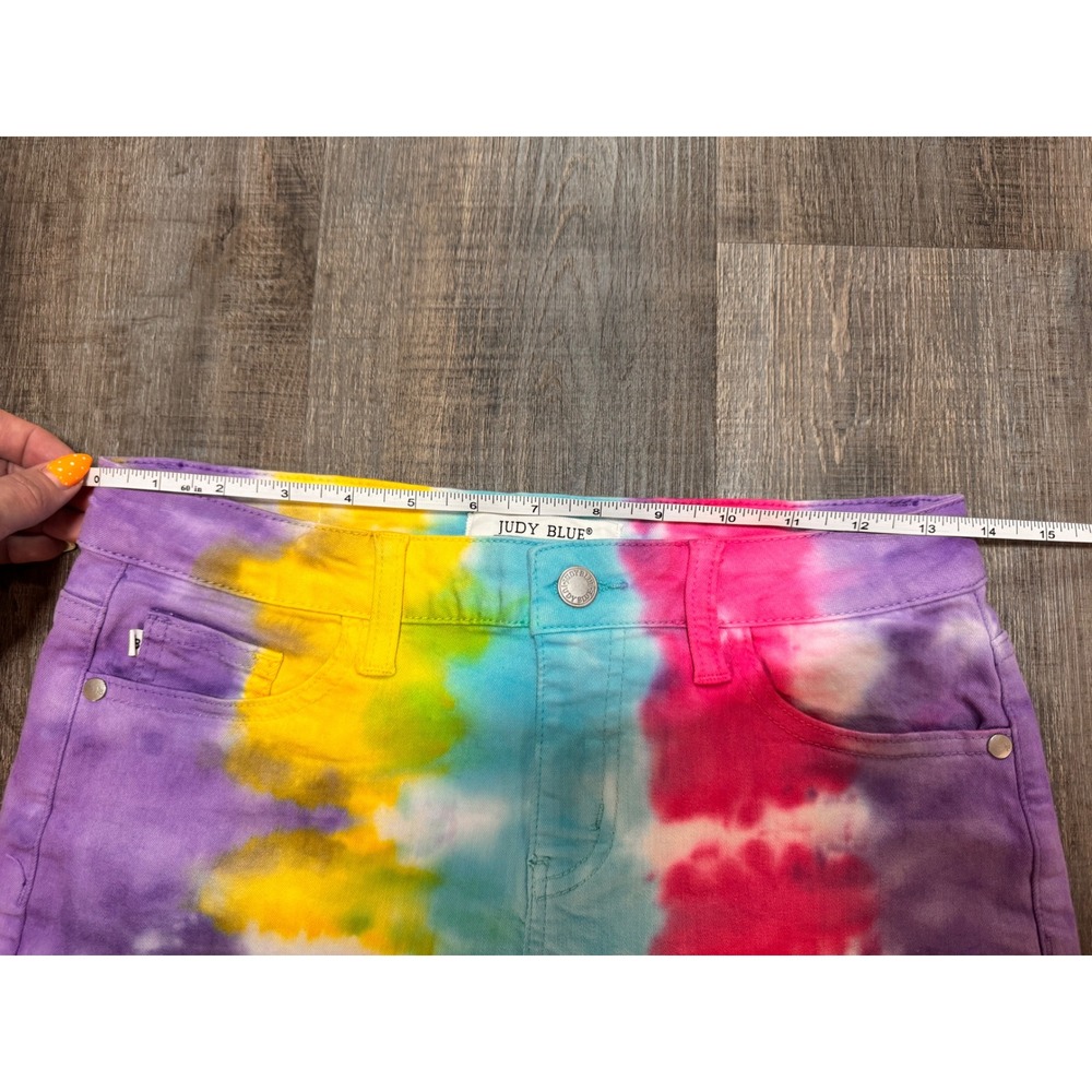 Judy Blue Rainbow Tie Dye Denim Shorts High Waist Raw Hem JB150065 Womens Small - Picture 5 of 6